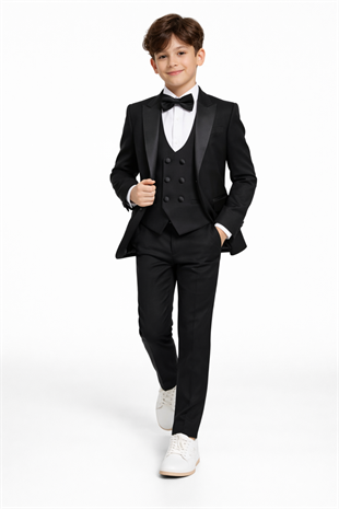3-14 Yaş Saten Yaka Erkek Çocuk Takım Elbise Mezuniyet Siyah