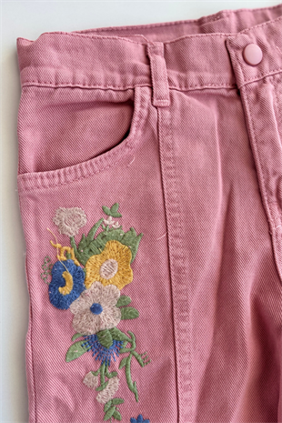 4-8 Yaş Kolları Nakışlı Ceketli Gabardin 3lü Kız Çocuk Takım Gül Kurusu