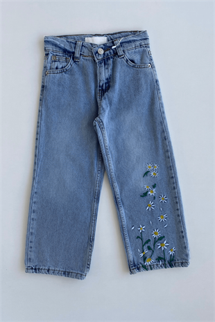 5-12 Yaş Çiçek nakışlı Kız Çocuk Kot Pantolon Mavi