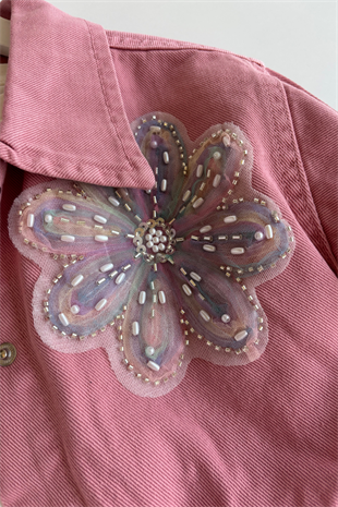 9-14 Yaş Çiçek Boncuk Aplikeli Ceketli Gabardin  Kız Çocuk Takım Gül Kurusu