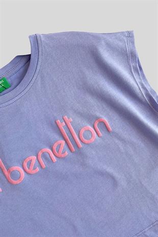 4-14 Yaş Benetton Logo ve Yazı Baskılı Kız Çocuk T-shirt Lila