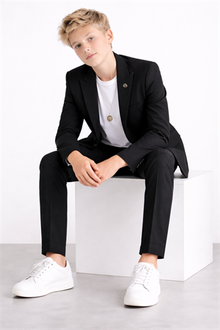 3-14 Yaş Oscar Tişörtlü Kolyeli Erkek Çocuk Takım Elbise Mezuniyet Siyah