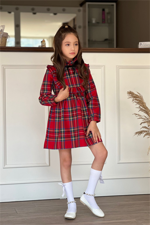 Ekose Desen Kız Çocuk Elbise