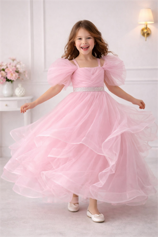 5-10 Yaş Lisa Beli Taş Detaylı Kat Kat Kız Çocuk Abiye Elbise Pembe