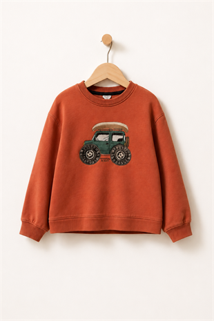 2-6 Yaş Tekerlek Aplikeli Erkek Çocuk Sweat Kiremit