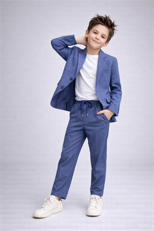 2-13 Yaş Premium Tişörtlü Başak Doku Keten Çocuk Takım Elbise Açık Lacivert