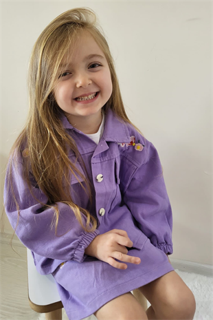 Nakışlı Kot Ceket Etek Bluz Kız Çocuk Takımı Mor