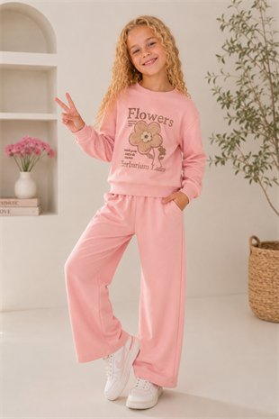 7-10 Yaş Flowers Baskılı Kız Çocuk Eşofman Takımı Pudra