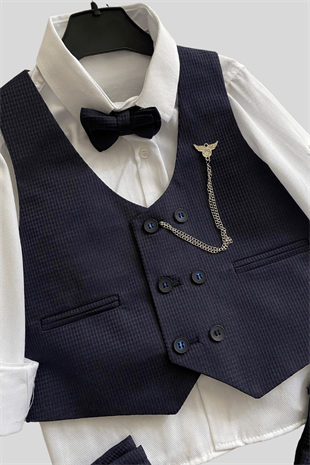 Matrix Yelekli Zincirli Erkek Çocuk Takım Elbise Lacivert