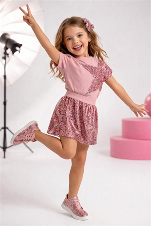 4-10 Payetli Yıldız Detay Şort Etekli Kız Çocuk Takım Gül Kurusu