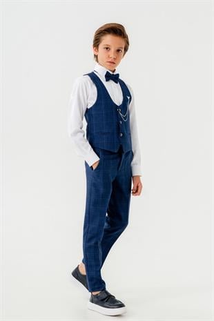 Karo Ekose Yelekli Zincirli Çocuk Takım Elbise Lacivert