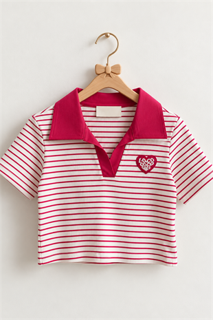 8-14 Yaş Polo Yaka Çizgili Crop Fuşya 