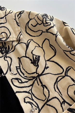 9-14 Yaş Gül Baskılı Ceketli Gabardin Kız Çocuk Takım Siyah