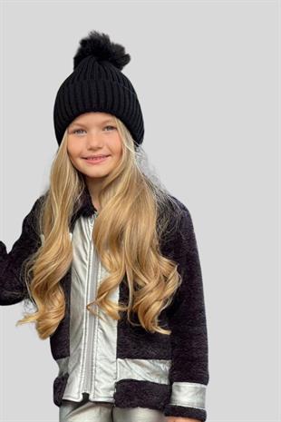 Deri Taytlı Ceketli Kız Çocuk Takım Siyah