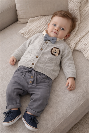 6-24 Ay Lion papyonlu Triko Hırkalı 3lü Takım Gri