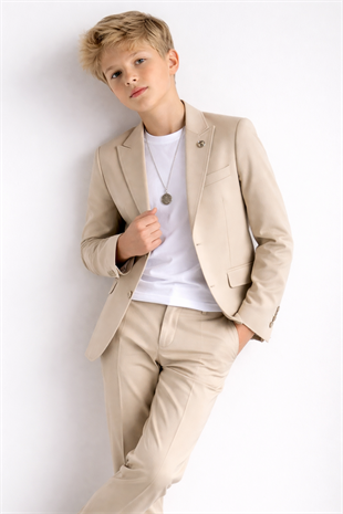 3-14 Yaş Oscar Tişörtlü Kolyeli Erkek Çocuk Takım Elbise Mezuniyet Bej