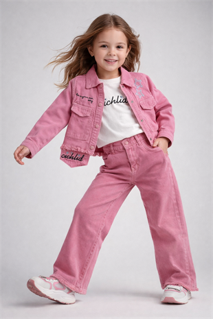 4-8 Yaş Yıldız Nakışlı Ceketli Gabardin 3lü Kız Çocuk Takım Pembe