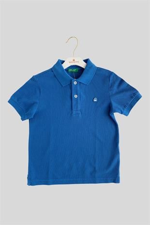 6-14 Yaş Benetton Erkek Çocuk Mavi Logolu Pike Polo T-shirt