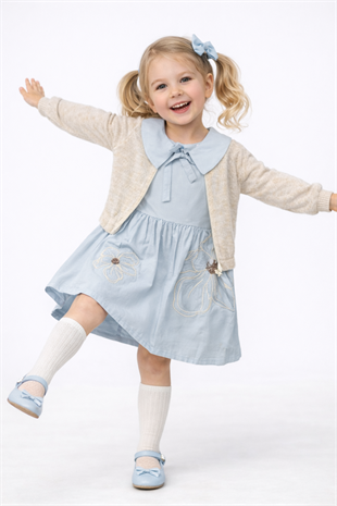 6-9 Yaş Triko Hırkalı Bebe Yaka Kız Çocuk Elbise Bebe Mavi