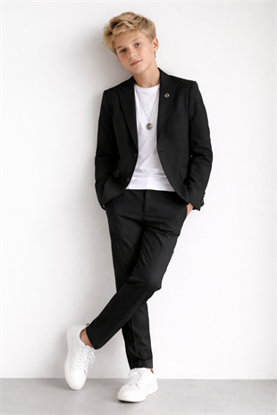 3-14 Yaş Oscar Tişörtlü Kolyeli Erkek Çocuk Takım Elbise Mezuniyet Siyah