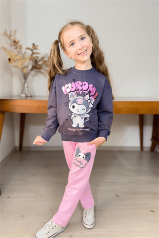 3-10 Yaş Kuromi Yaldız Baskılı Kız Çocuk Takım Pembe