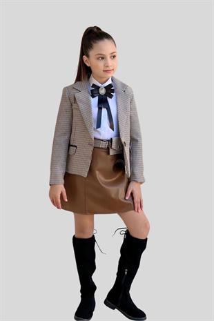 Ekose Ceketli Spor Şık Kız Takım Camel