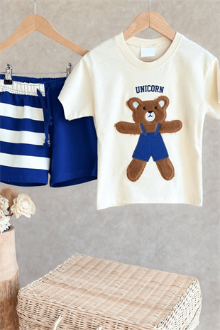 2-8 Yaş Ayıcıklı Çizgi Şortlu Erkek Çocuk Takım Mavi Kardeş Kombini