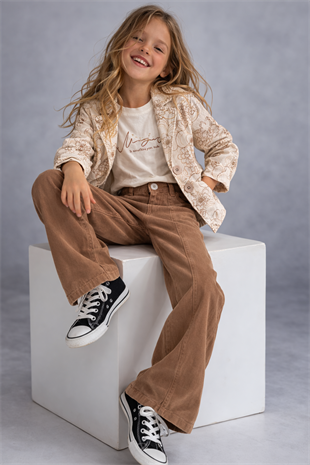 4-8 Yaş Nakış Ceketli Kız Çocuk Takım Sütlü Kahve