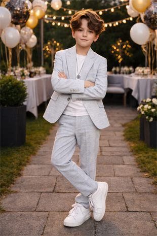 3-14 Yaş Vega Premium Çizgili Kolyeli Keten Çocuk Takım Elbise Mavi