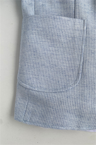 3-14 Yaş Vega Premium Çizgili Kolyeli Keten Çocuk Takım Elbise Bebe Mavi