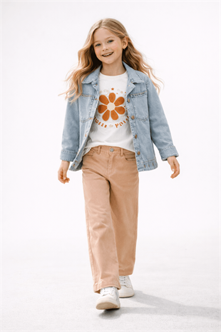 6-9 Yaş Taşlı Kot Ceket Baskılı Kot Pantolon Kız Takım Latte