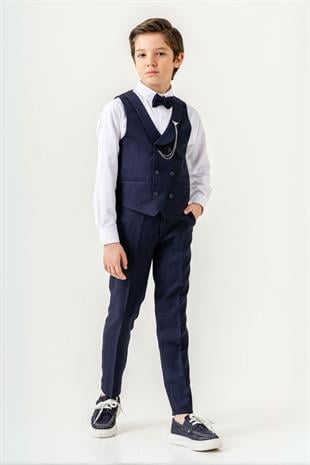 Lord Katlamalı Yelekli Çocuk Takım Elbise Lacivert