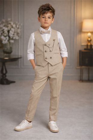 Zincir Detay Çift Düğmeli Erkek Çocuk Takım Elbise Krem