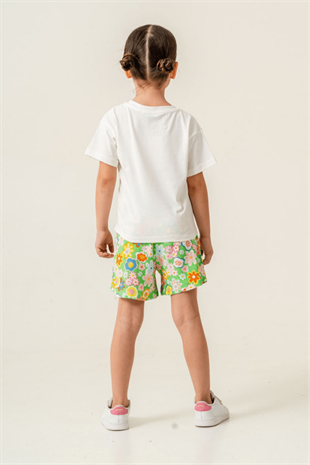 1-6 Yaş Çiçek Desen Şortlu Kız Çocuk Takım Yeşil