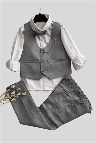 Matrix Yelekli Zincirli Erkek Çocuk Takım Elbise Gri