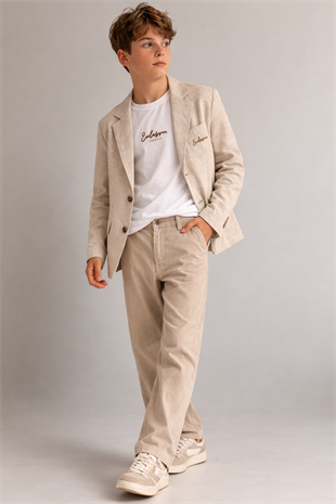 9-14 Yaş Exclusive Keten Erkek Çocuk Takım Krem