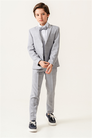 Ekose Ceketli Erkek Çocuk Takım Elbise Gri