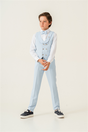 Gofre Lord Yelekli Erkek Çocuk Takım Elbise Açık Mavi