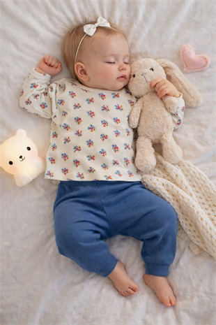 Çiçek Desen Kız Bebek Pijama Takımı Mavi