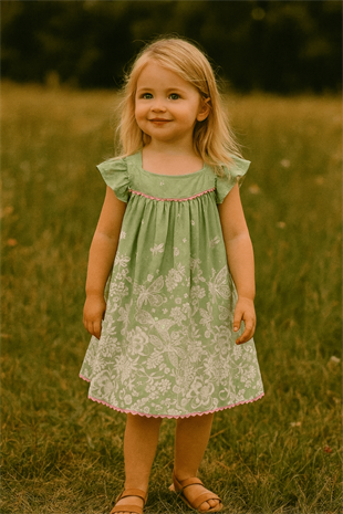 4-8 Yaş Payet Detay Biyeli Çiçekli Elbise Yeşil
