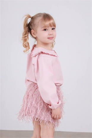 2-8 Yaş Etekleri Püsküllü Kız Çocuk Takım Pudra