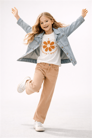 6-9 Yaş Taşlı Kot Ceket Baskılı Kot Pantolon Kız Takım Latte