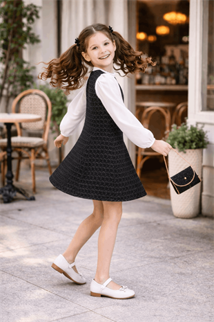 6-10 Yaş Premium İnci Düğmeli Kol Detay Tüvit Elbise Siyah