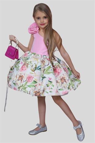 Çanta Hediyeli Gül Detay Tek Kol Çocuk Abiye Pembe