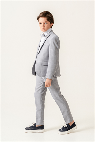 Ekose Ceketli Erkek Çocuk Takım Elbise Gri