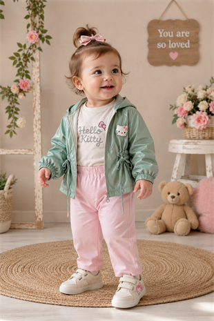 9-24 Ay Hello Kitty Yağmurluklu 3lü Kız Çocuk Takım Su Yeşili
