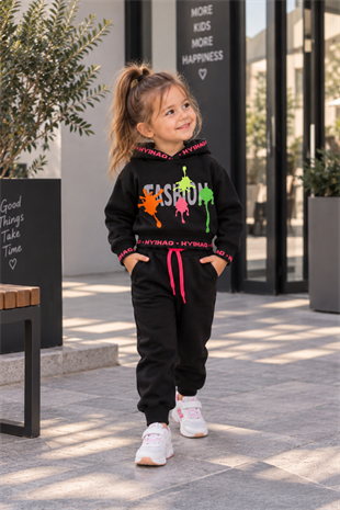 Fashion East Neon Detay Fileli Kız Çocuk Eşofman Takımı Siyah