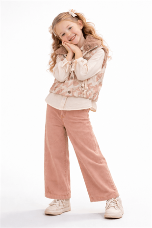 3-6 Premium Yaş Kürk Yakalı Yelekli Kot Pantolonlu 3lü Kız Takım Pudra