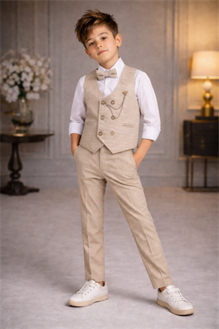 Zincir Detay Çift Düğmeli Erkek Çocuk Takım Elbise Krem