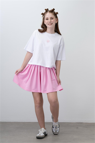 9-15 Yaş Nakışlı Tişört Pilili Etek Kız Takım Pembe